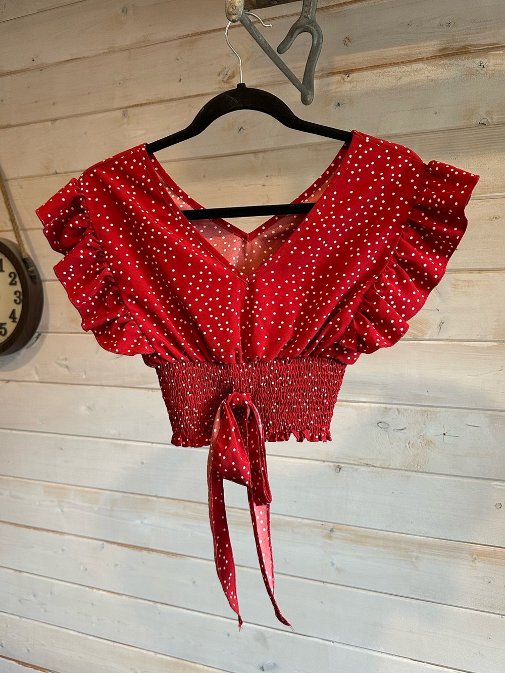 SHEIN | Red Polka Dot Frilled Sleeves Ruched Crop Top